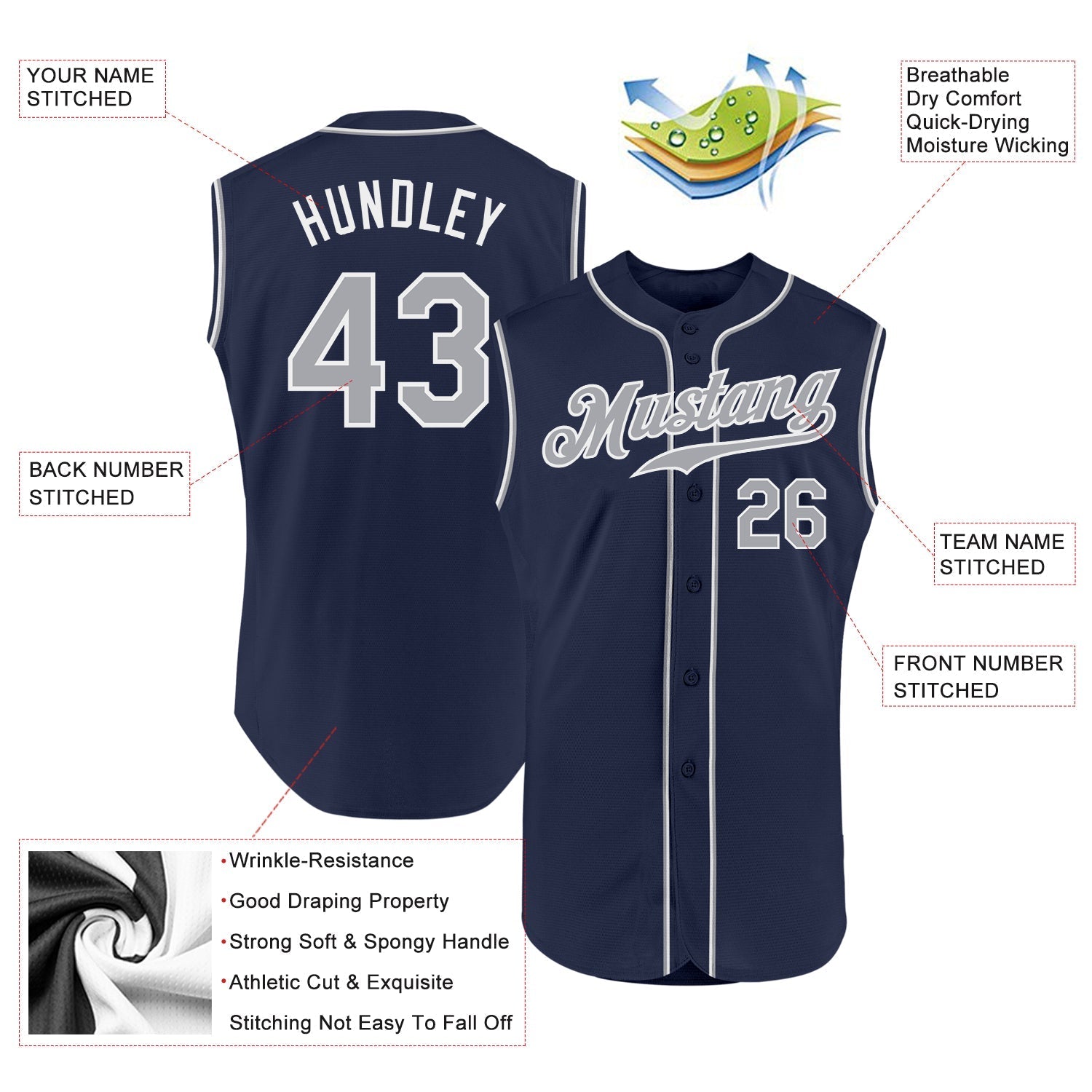 Custom Navy Gray-White Authentic Sleeveless Baseball Jersey baseball jersey product view 2
