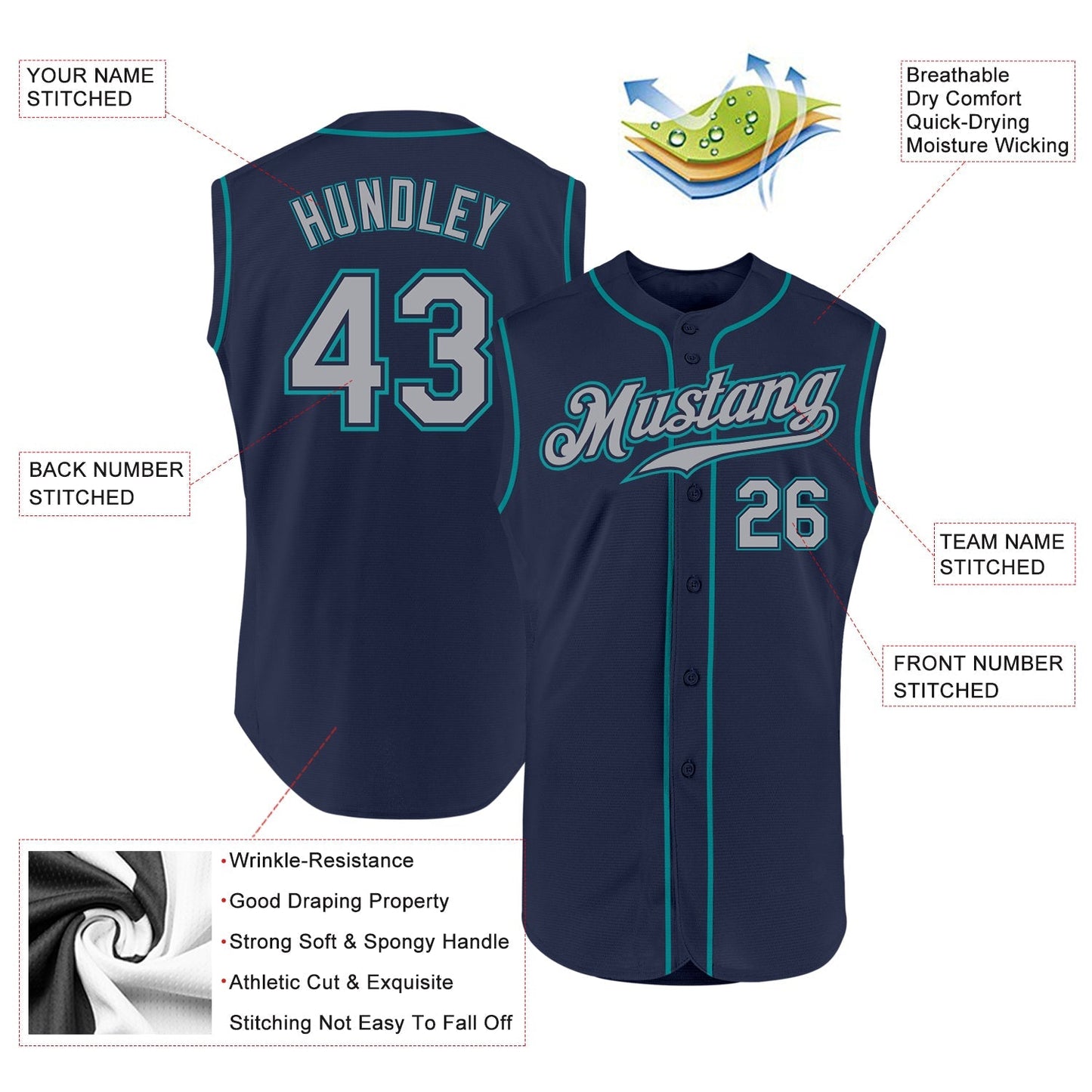 Custom Navy Gray-Teal Authentic Sleeveless Baseball Jersey baseball jersey product view 2