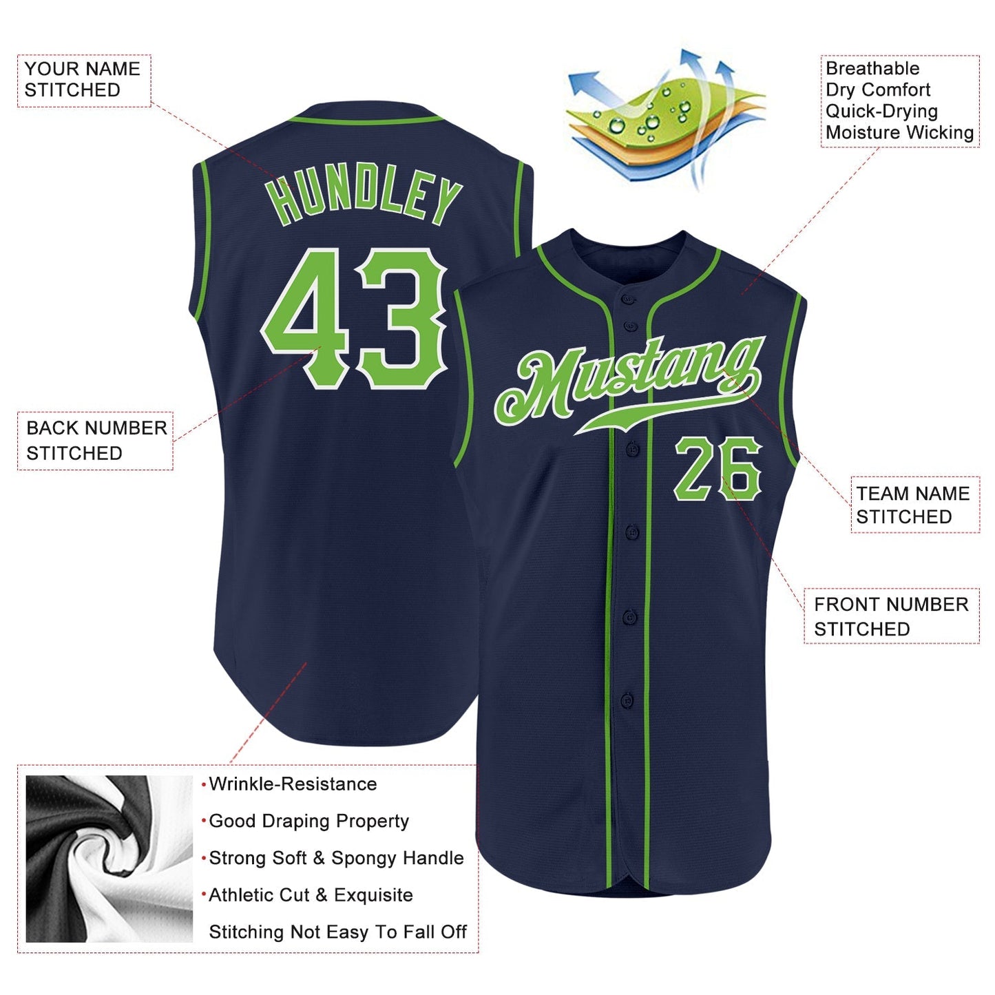 Custom Navy Neon Green-White Authentic Sleeveless Baseball Jersey baseball jersey product view 2