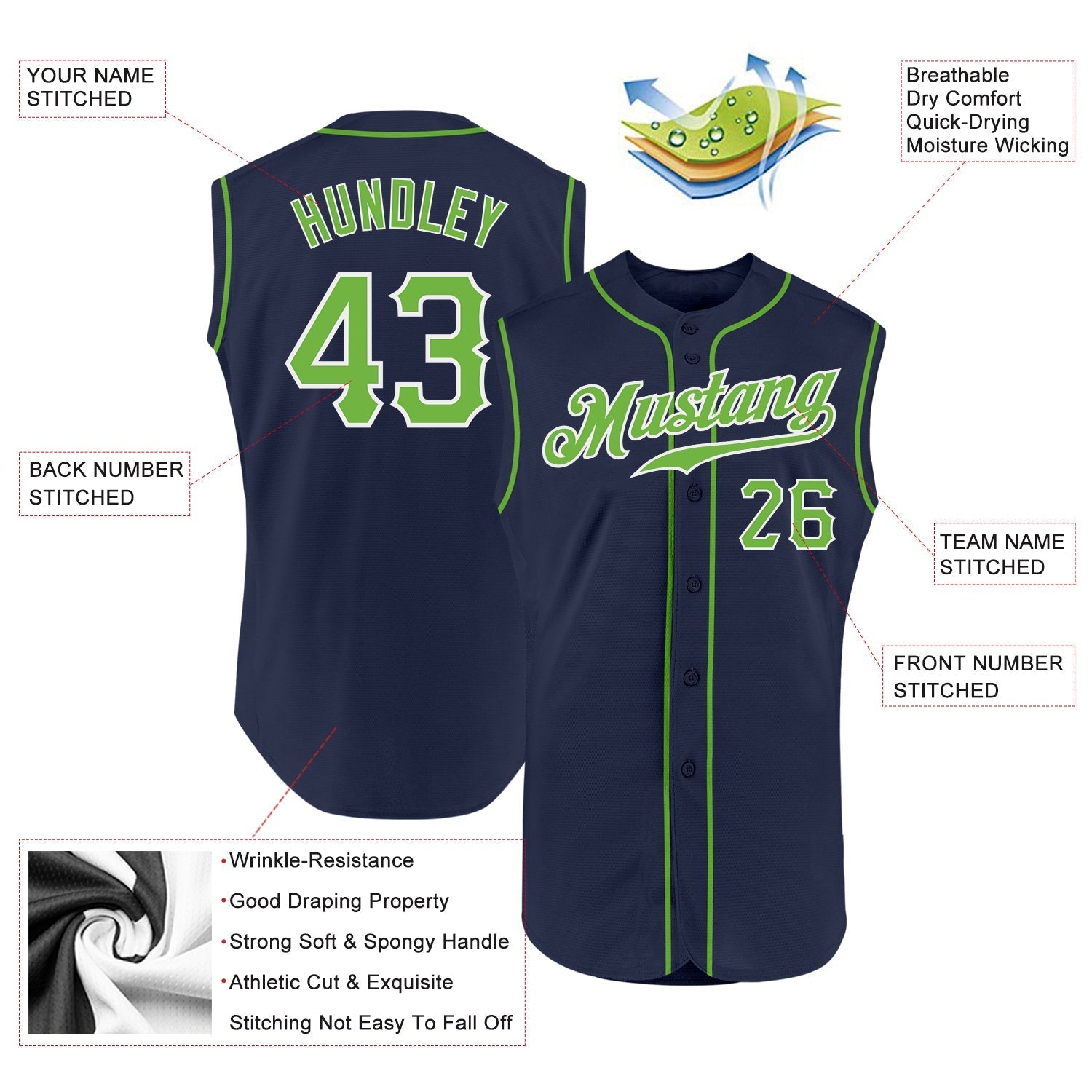 Custom Navy Neon Green-White Authentic Sleeveless Baseball Jersey baseball jersey product view 2