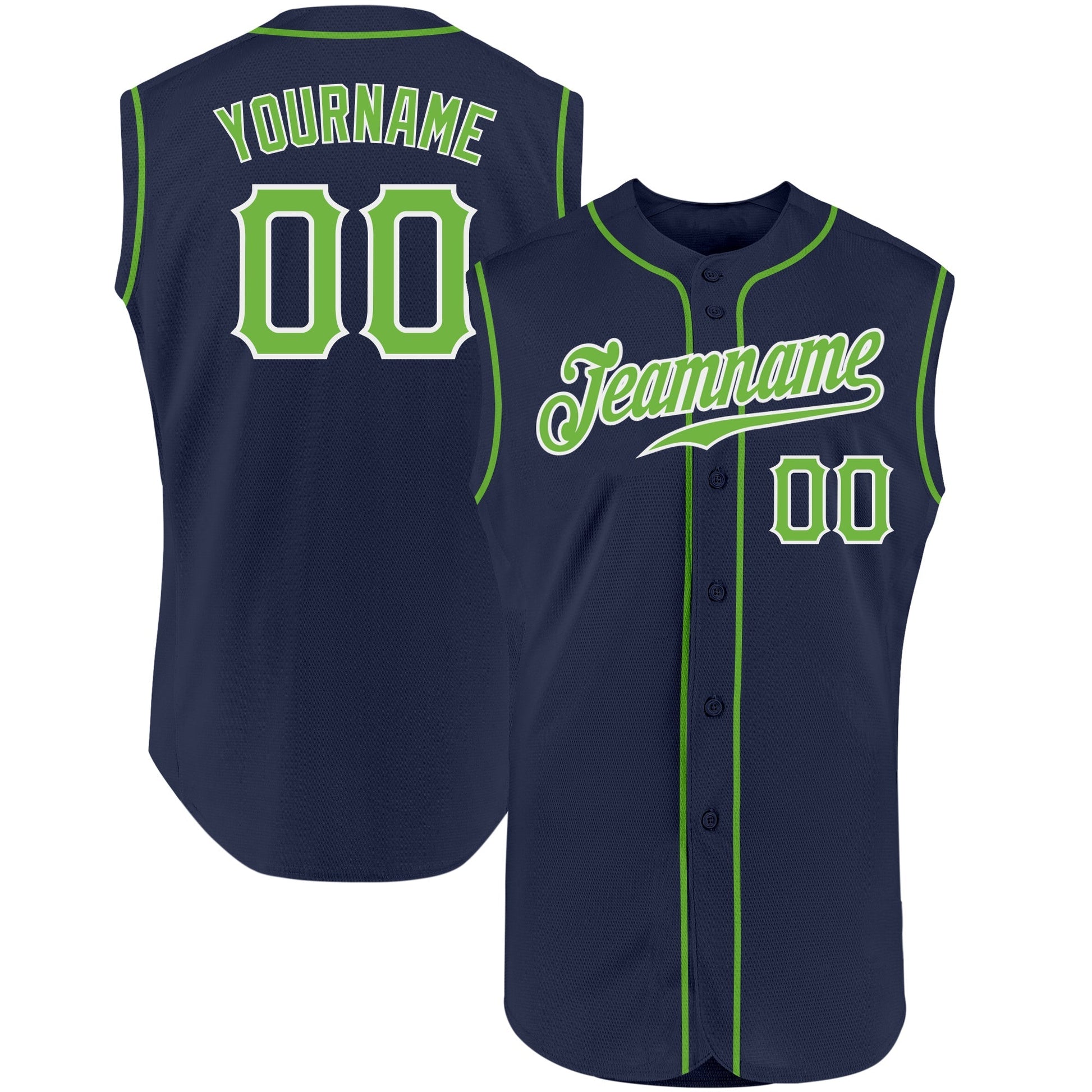 Custom Navy Neon Green-White Authentic Sleeveless Baseball Jersey baseball jersey product view 1