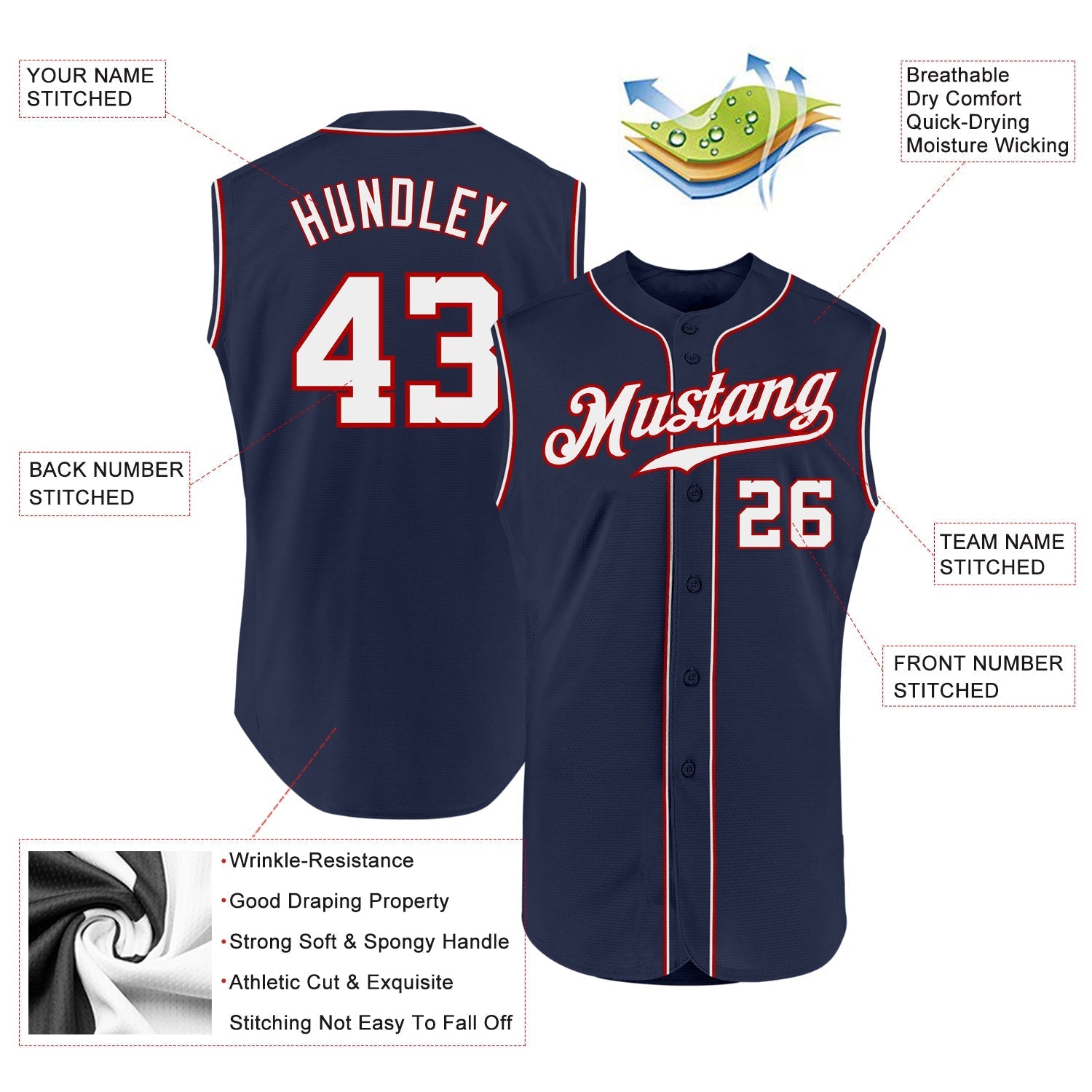 Custom Navy White-Red Authentic Sleeveless Baseball Jersey baseball jersey product view 2