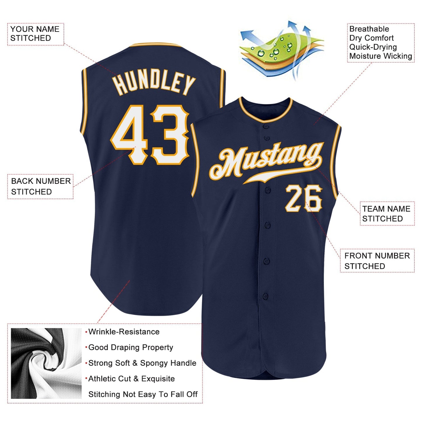 Custom Navy White-Gold Authentic Sleeveless Baseball Jersey baseball jersey product view 2