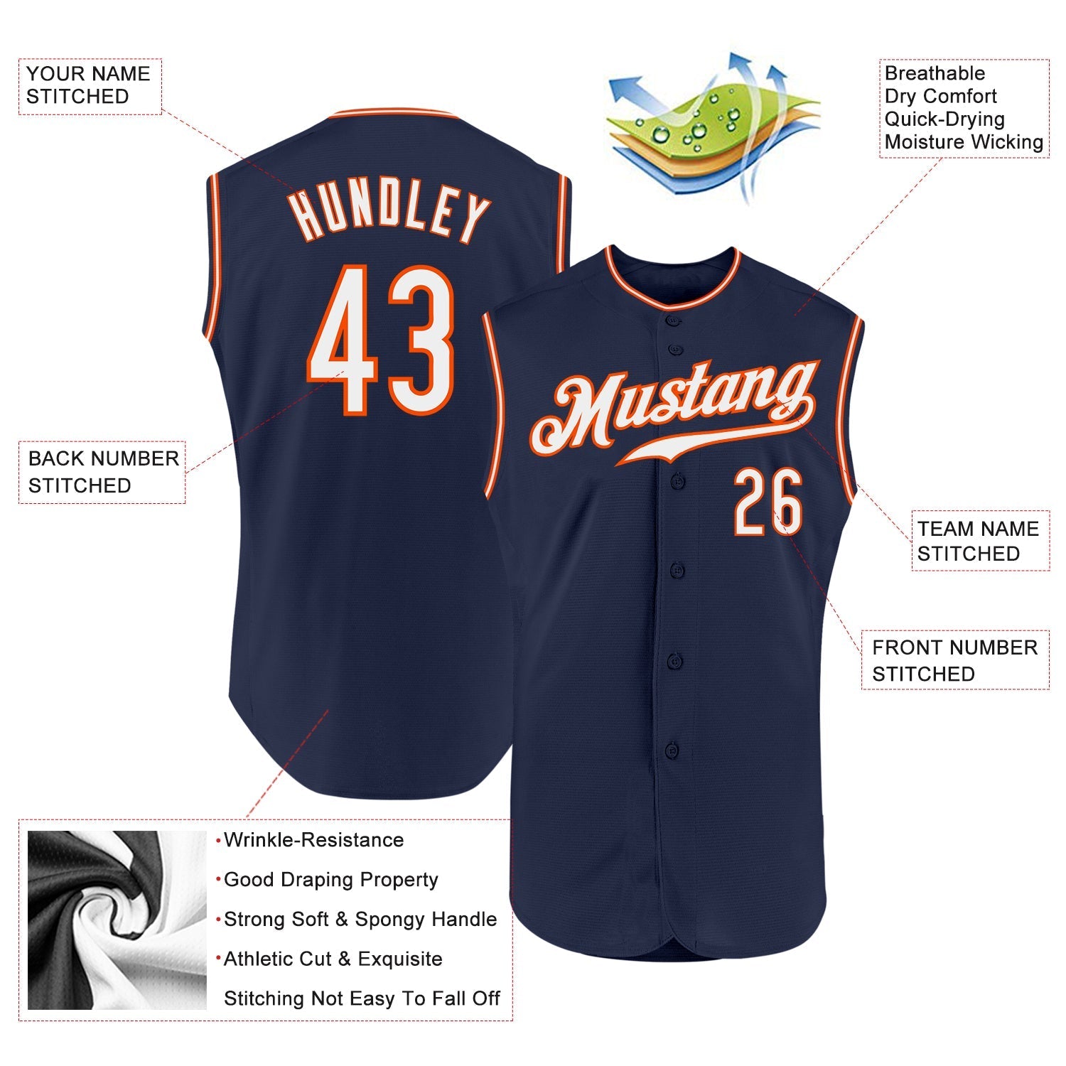 Custom Navy White-Orange Authentic Sleeveless Baseball Jersey baseball jersey product view 2