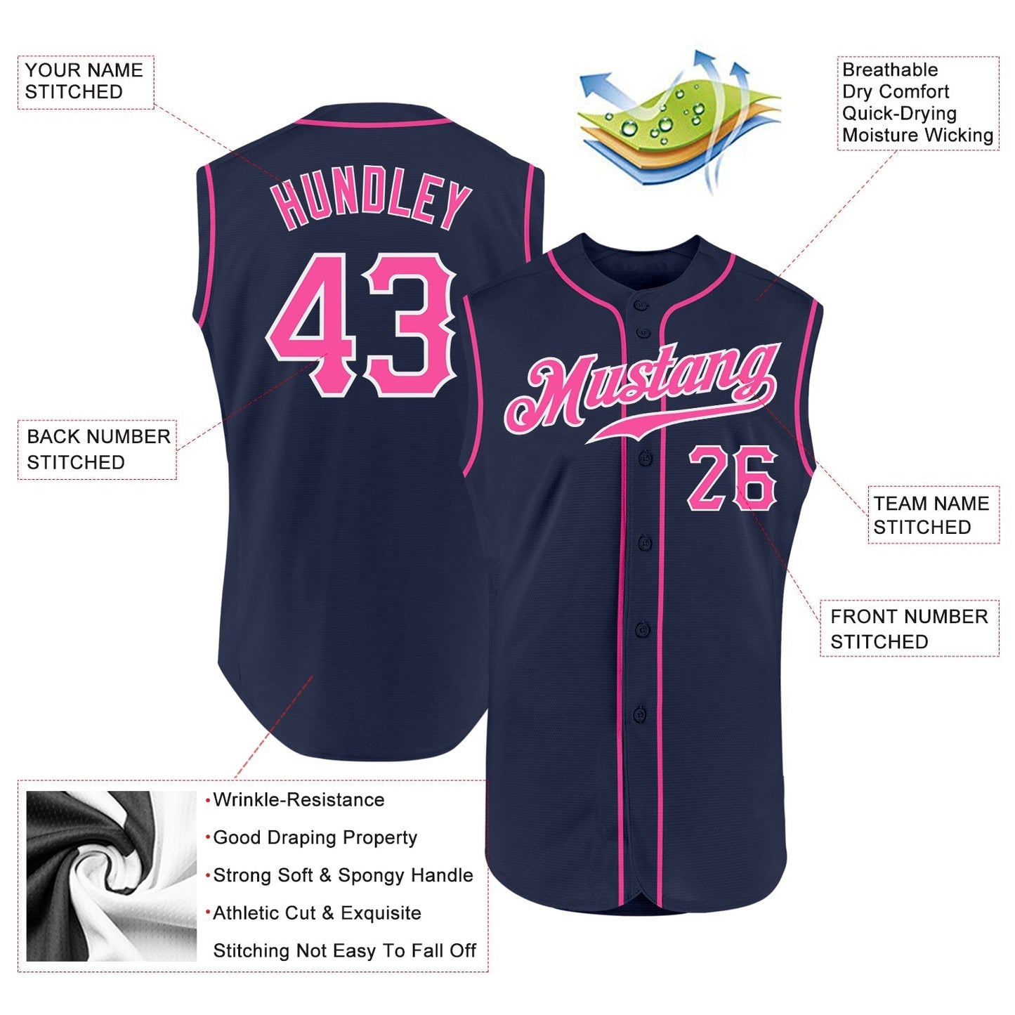 Custom Navy Pink-White Authentic Sleeveless Baseball Jersey baseball jersey product view 2