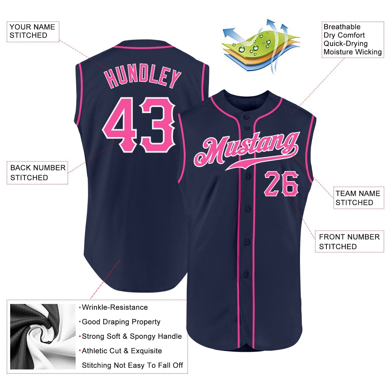 Custom Navy Pink-White Authentic Sleeveless Baseball Jersey baseball jersey product view 2