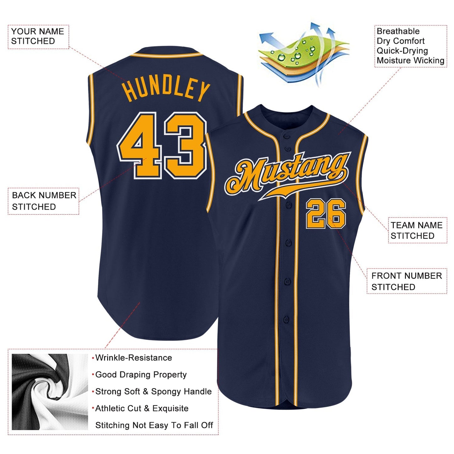 Custom Navy Gold-White Authentic Sleeveless Baseball Jersey baseball jersey product view 2