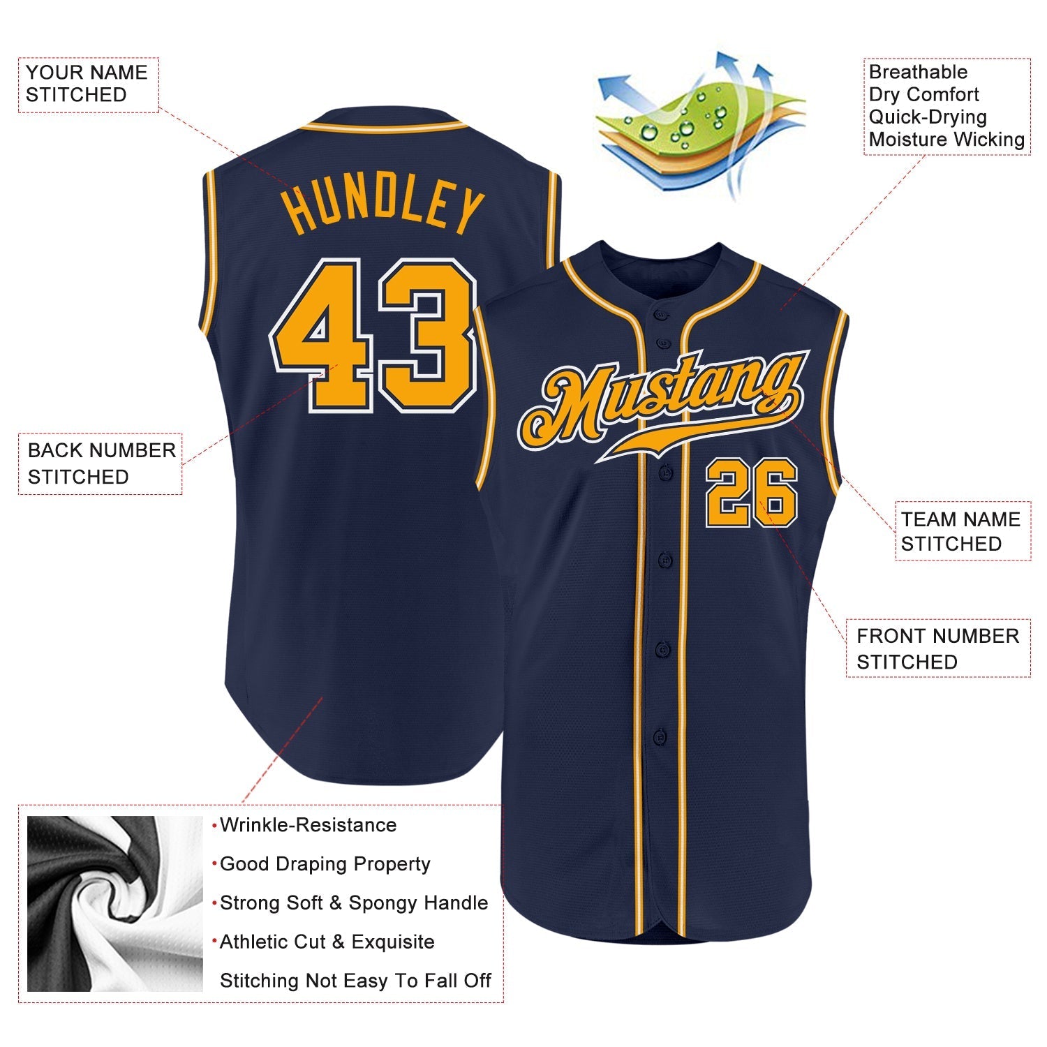 Custom Navy Gold-White Authentic Sleeveless Baseball Jersey baseball jersey product view 2