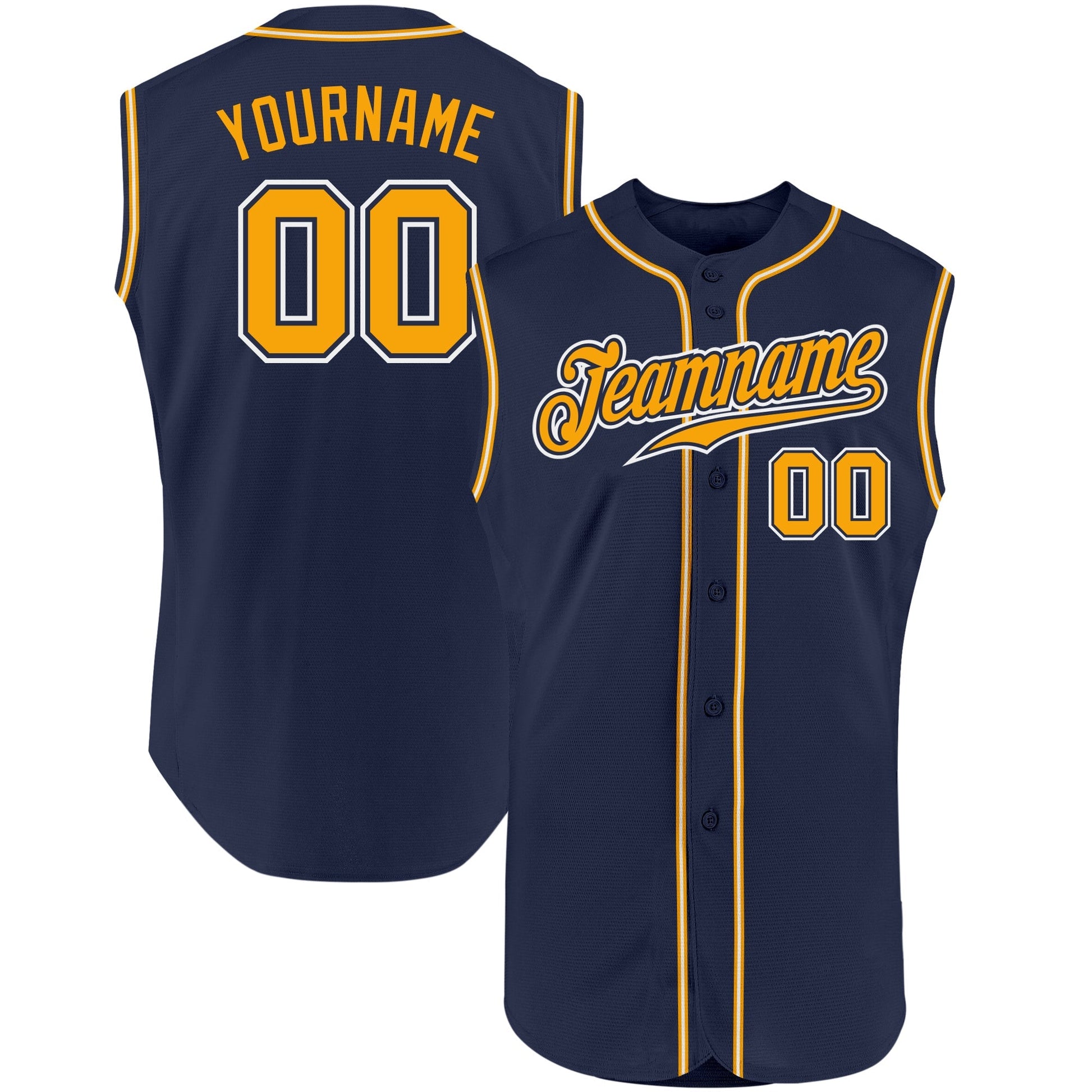 Custom Navy Gold-White Authentic Sleeveless Baseball Jersey baseball jersey product view 1