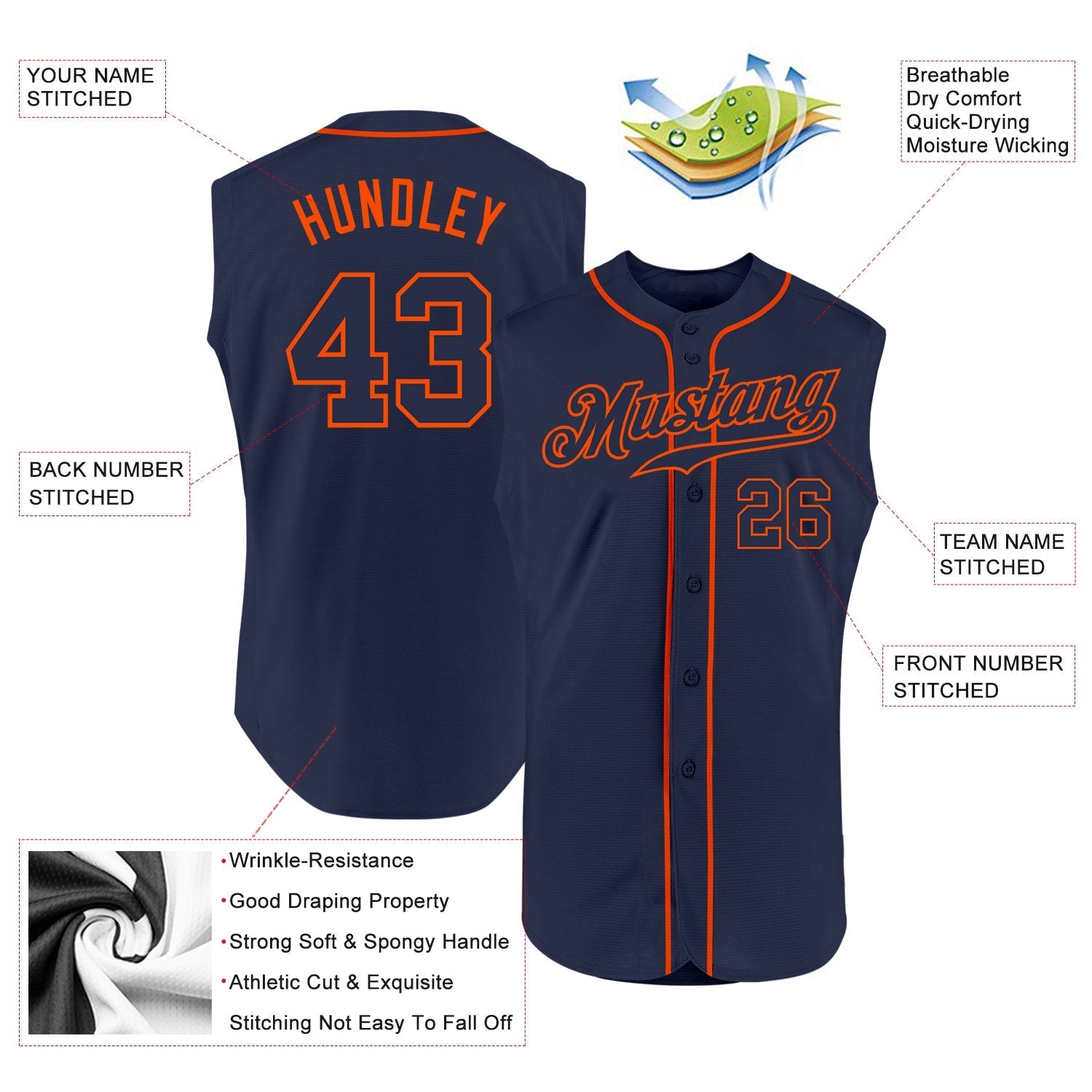 Custom Navy Navy-Orange Authentic Sleeveless Baseball Jersey baseball jersey product view 2
