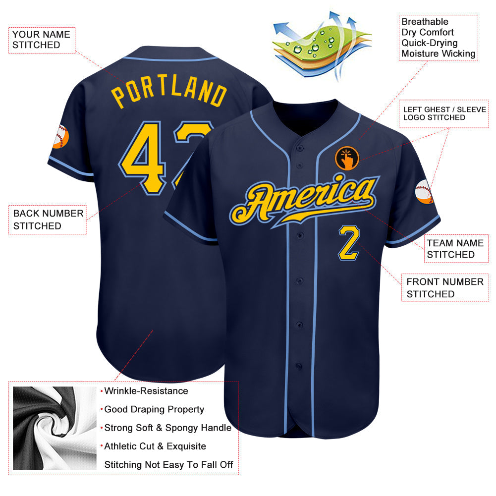 Custom Navy Gold-Light Blue Authentic Baseball Jersey baseball jersey product view 3