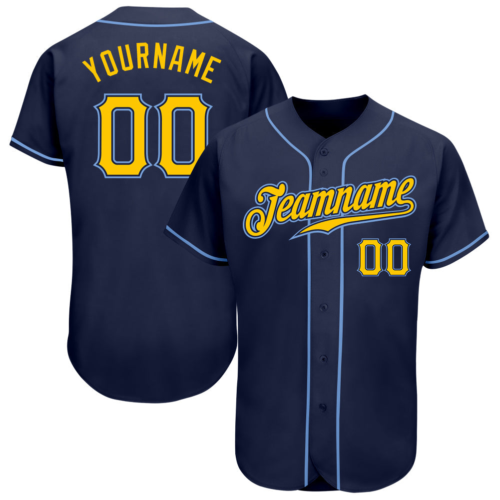 Custom Navy Gold-Light Blue Authentic Baseball Jersey baseball jersey product view 1