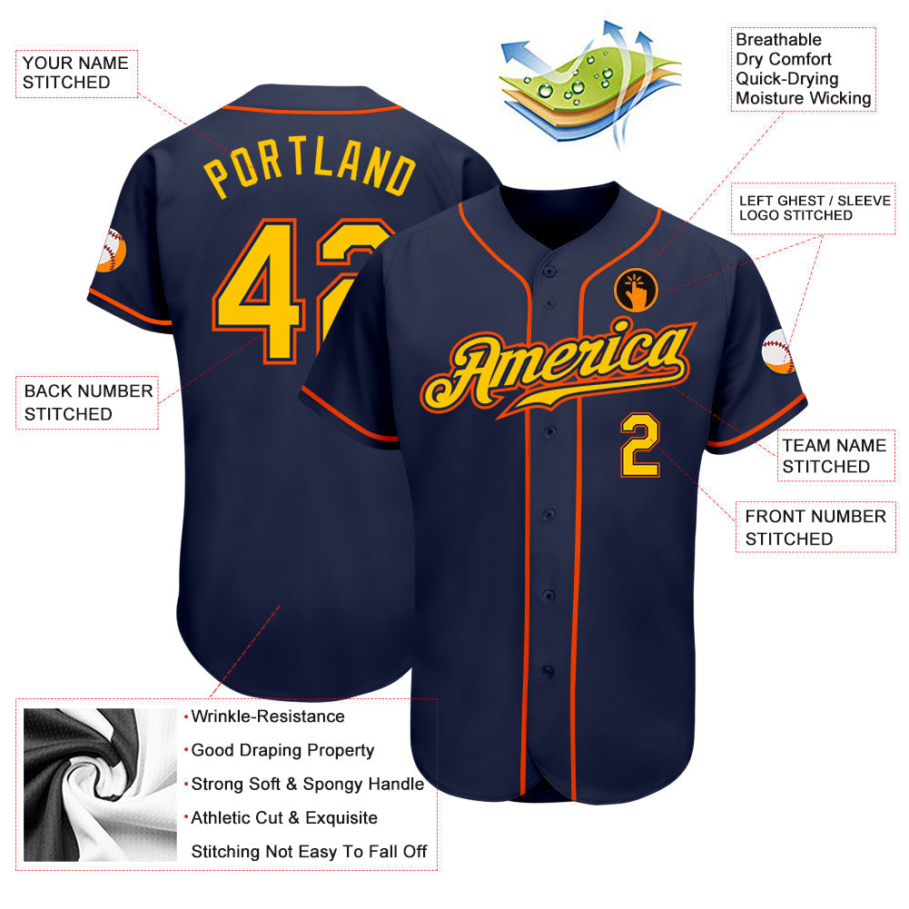 Custom Navy Gold-Orange Authentic Baseball Jersey baseball jersey product view 3