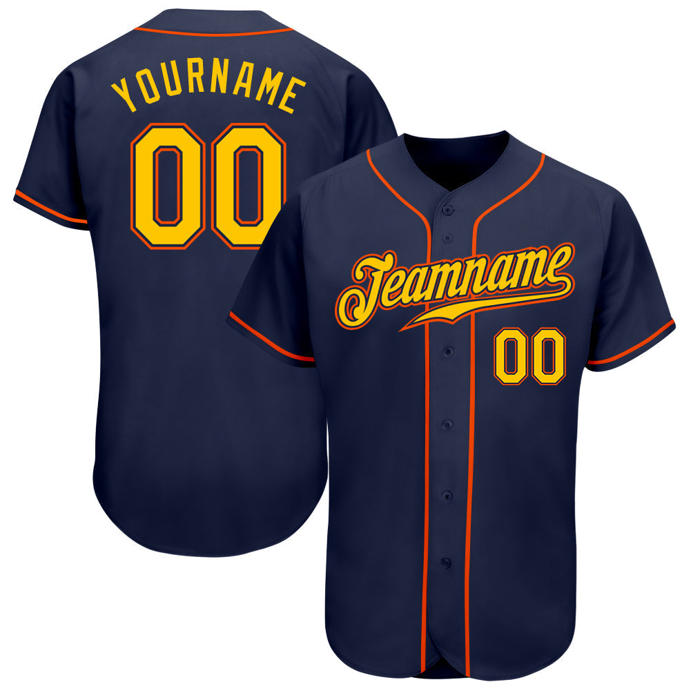 Custom Navy Gold-Orange Authentic Baseball Jersey baseball jersey product view 1
