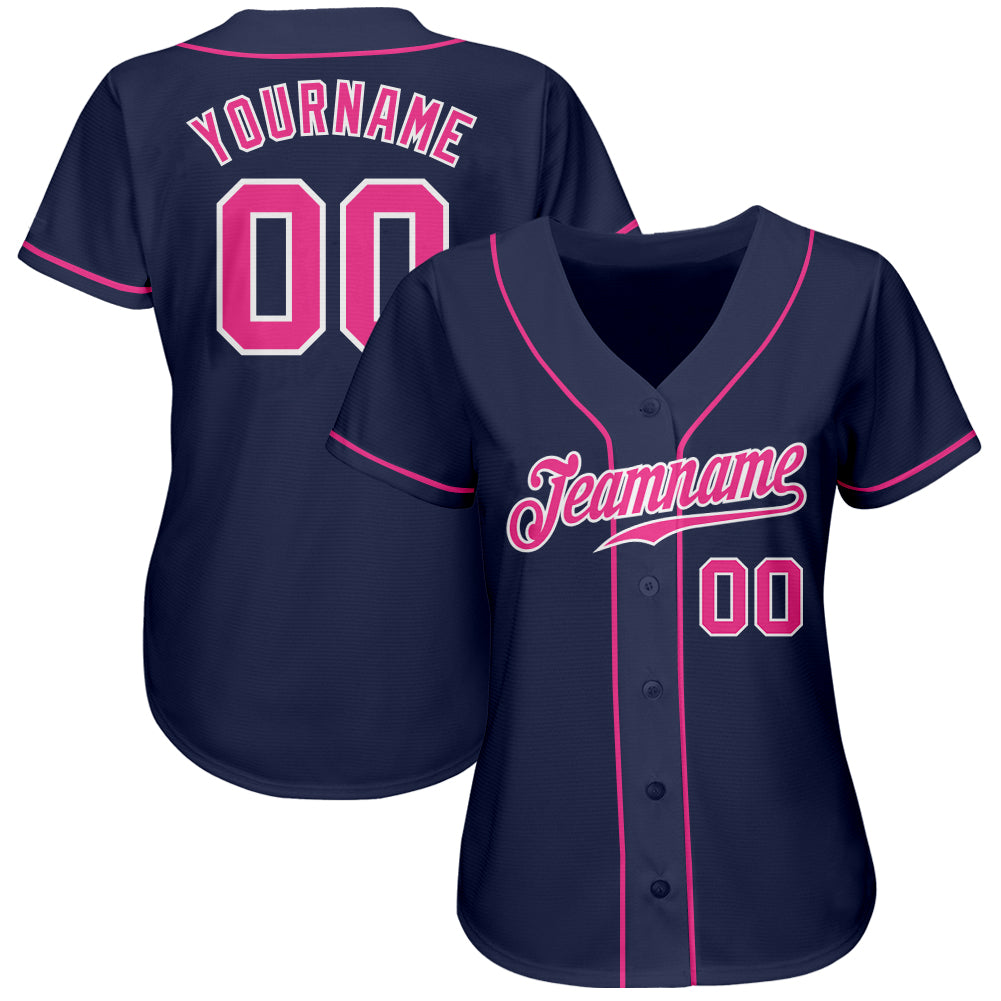 Custom Navy Pink-White Authentic Baseball Jersey baseball jersey product view 2