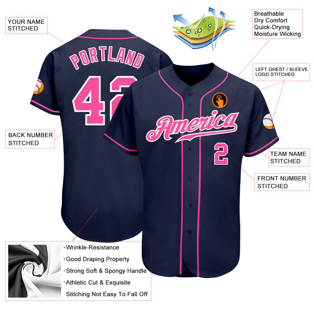 Custom Navy Pink-White Authentic Baseball Jersey baseball jersey product view 3