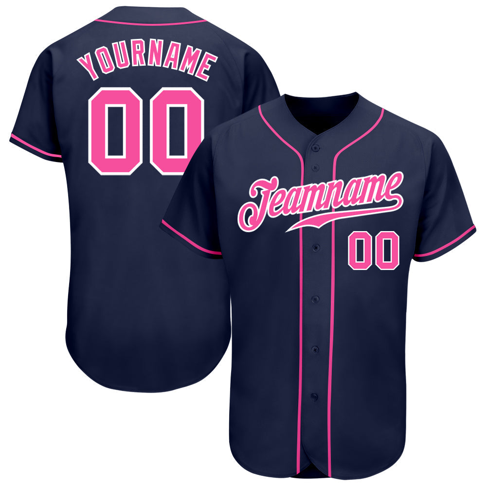 Custom Navy Pink-White Authentic Baseball Jersey baseball jersey product view 1