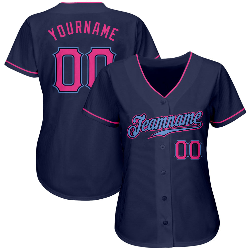 Custom Navy Pink-Light Blue Authentic Baseball Jersey baseball jersey product view 2