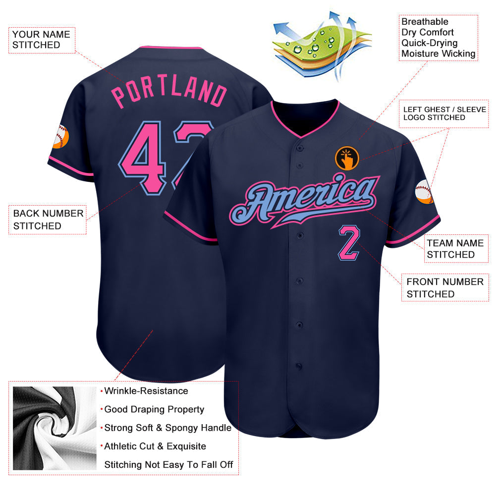 Custom Navy Pink-Light Blue Authentic Baseball Jersey baseball jersey product view 3