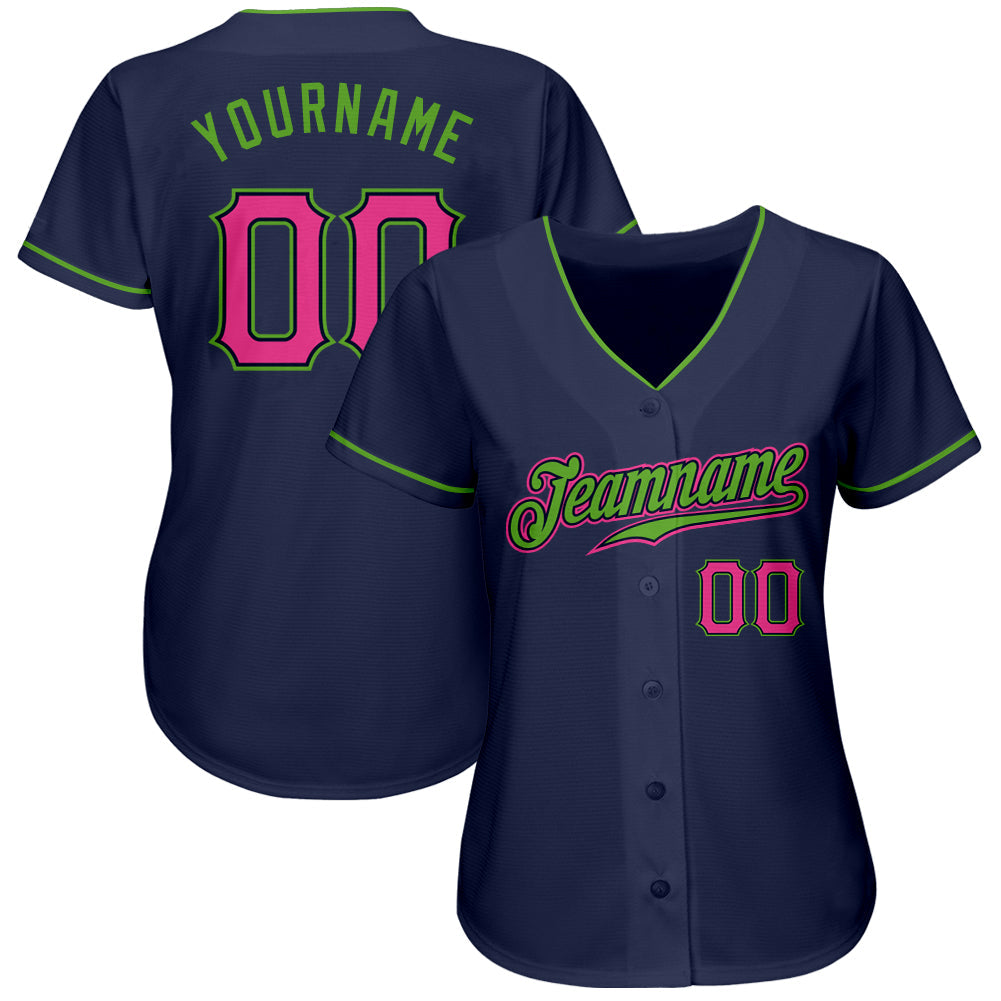 Custom Navy Pink-Neon Green Authentic Baseball Jersey baseball jersey product view 2