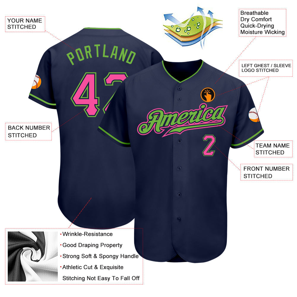 Custom Navy Pink-Neon Green Authentic Baseball Jersey baseball jersey product view 3