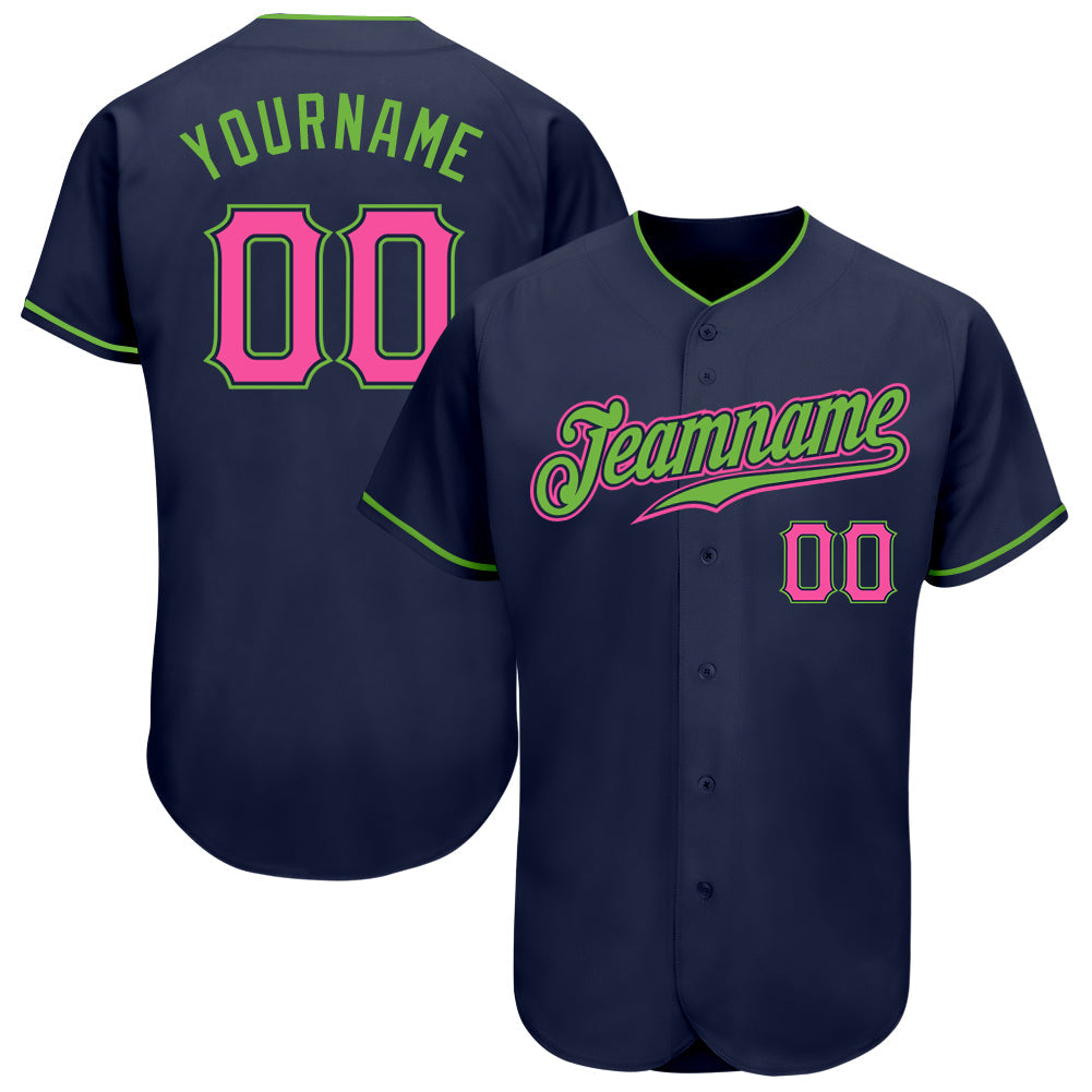 Custom Navy Pink-Neon Green Authentic Baseball Jersey baseball jersey product view 1