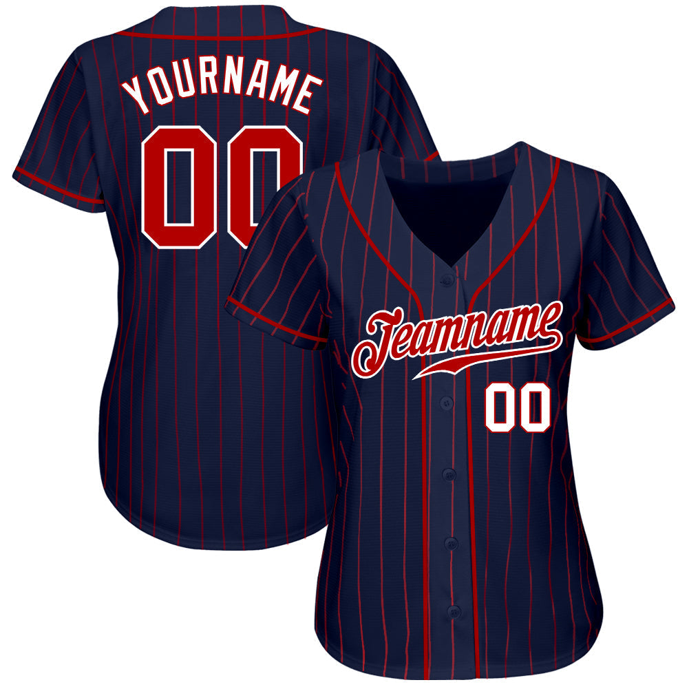 Custom Navy Red Pinstripe Red-White Authentic Baseball Jersey baseball jersey product view 2