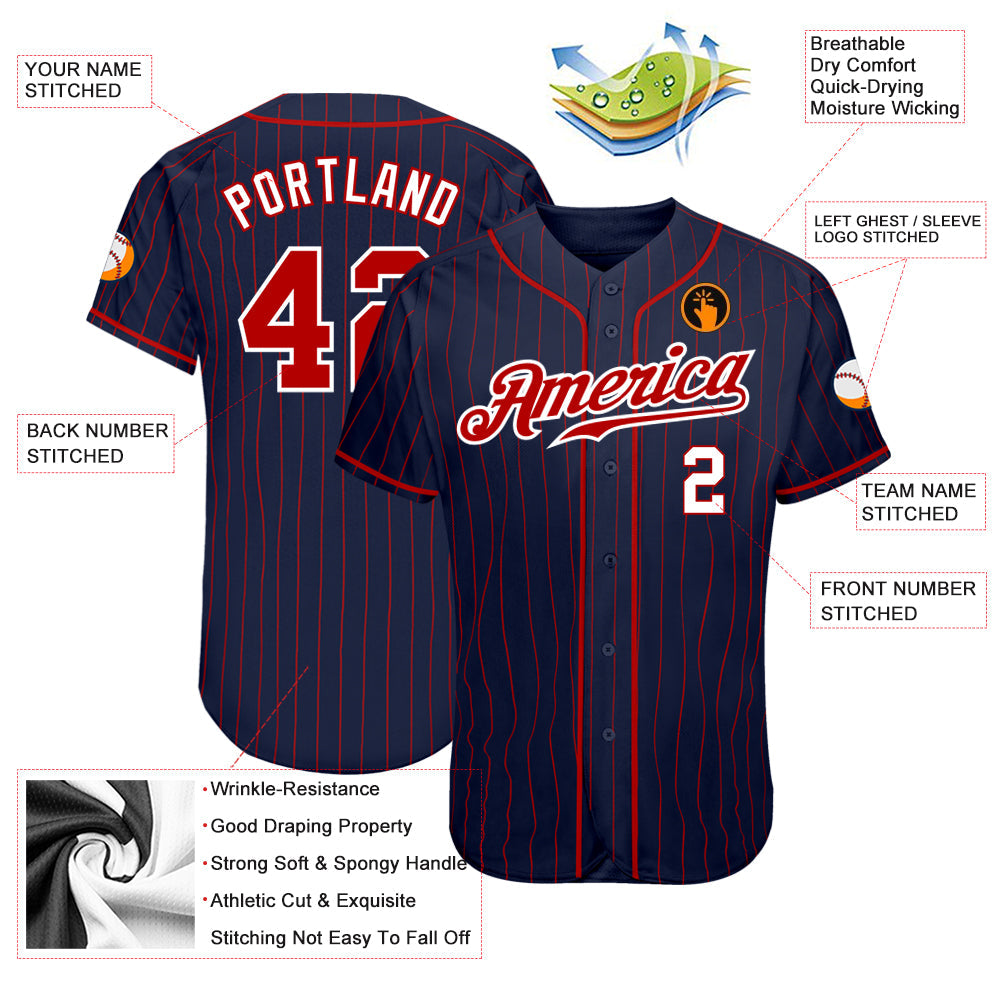 Custom Navy Red Pinstripe Red-White Authentic Baseball Jersey baseball jersey product view 3