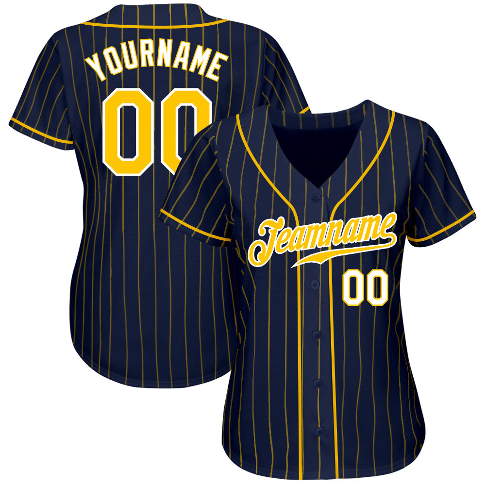 Custom Navy Gold Pinstripe Gold-White Authentic Baseball Jersey baseball jersey product view 2