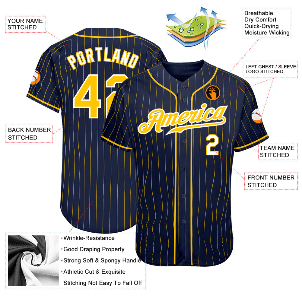 Custom Navy Gold Pinstripe Gold-White Authentic Baseball Jersey baseball jersey product view 3