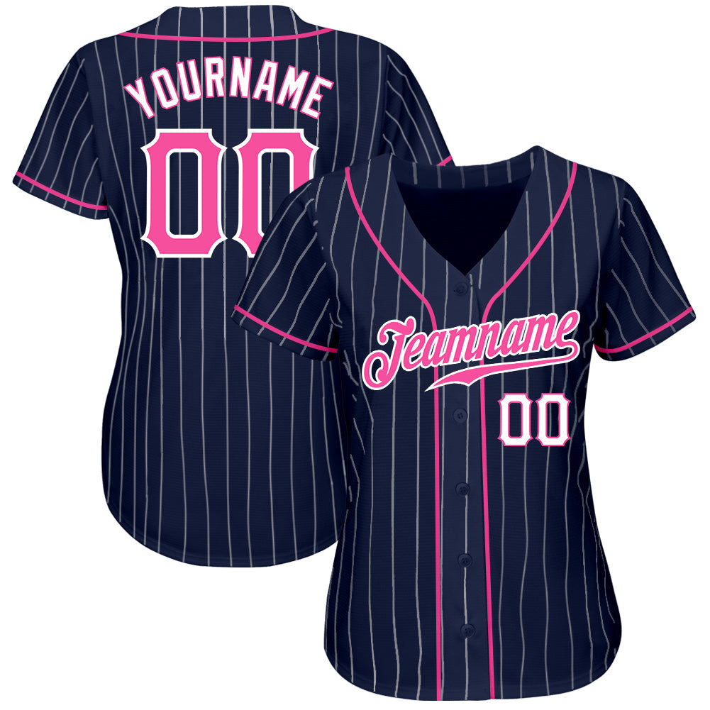 Custom Navy White Pinstripe Pink-White Authentic Baseball Jersey baseball jersey product view 2