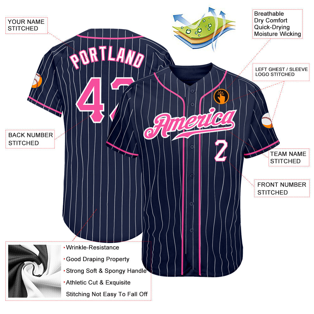 Custom Navy White Pinstripe Pink-White Authentic Baseball Jersey baseball jersey product view 3