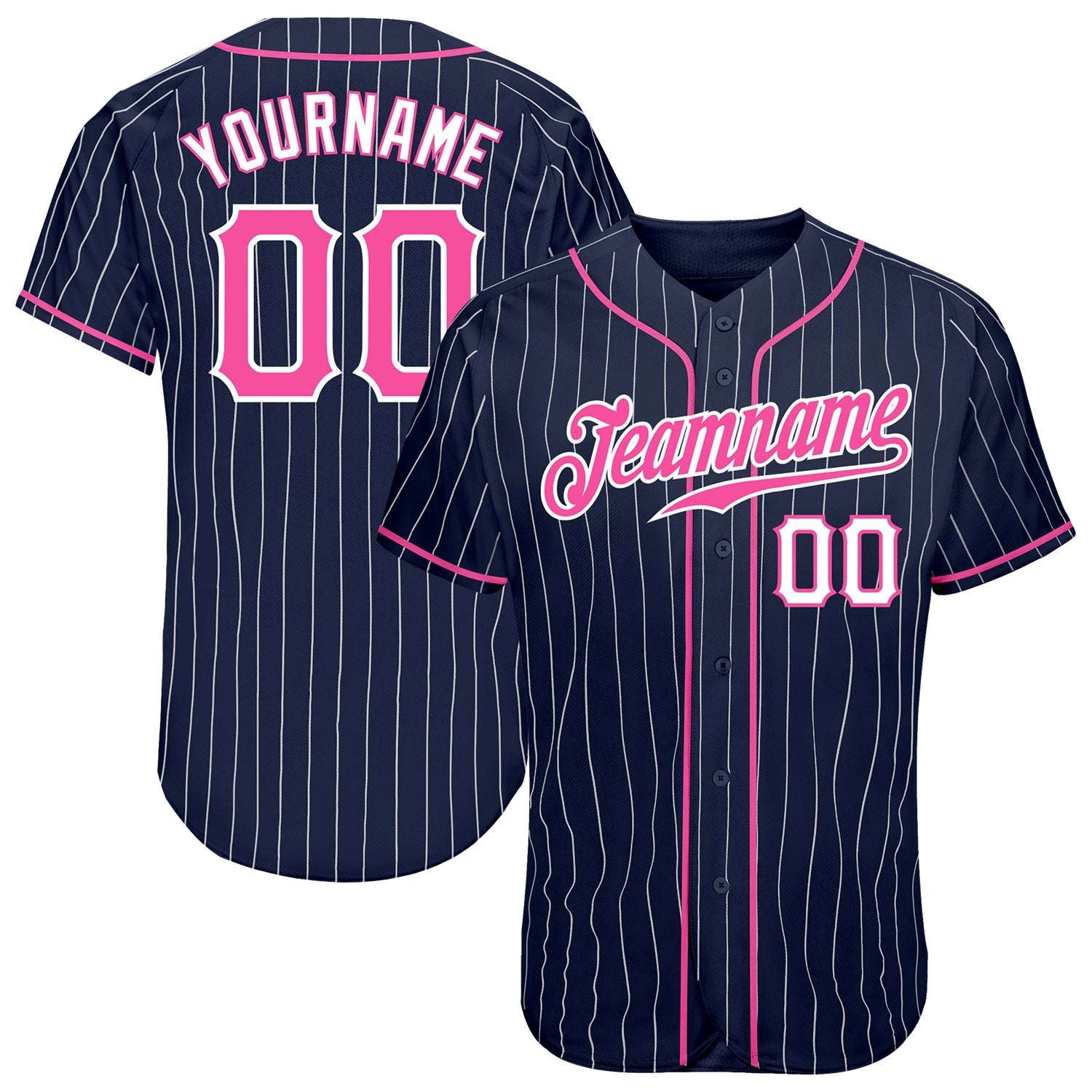 Custom Navy White Pinstripe Pink-White Authentic Baseball Jersey baseball jersey product view 1