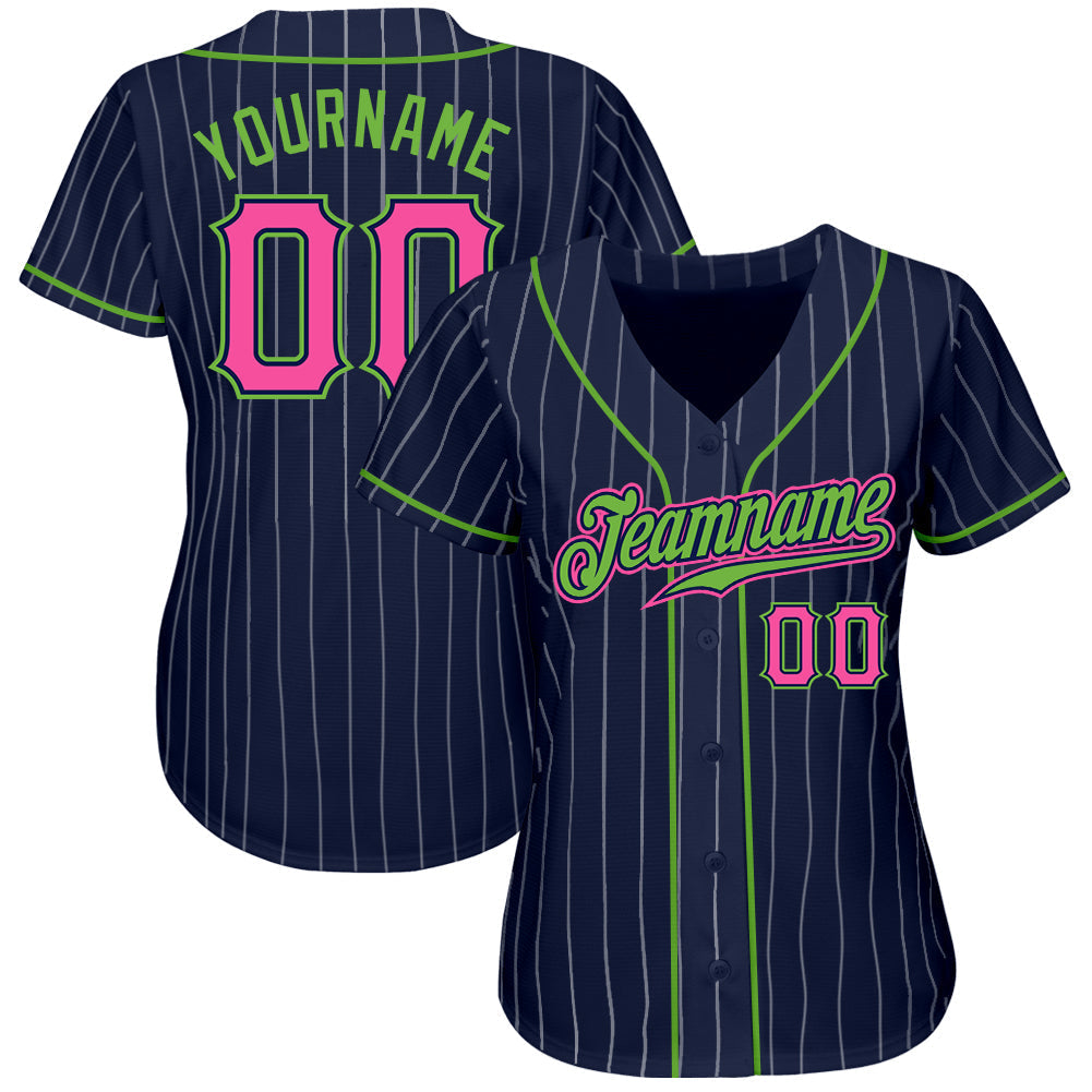 Custom Navy White Pinstripe Pink-Neon Green Authentic Baseball Jersey baseball jersey product view 2