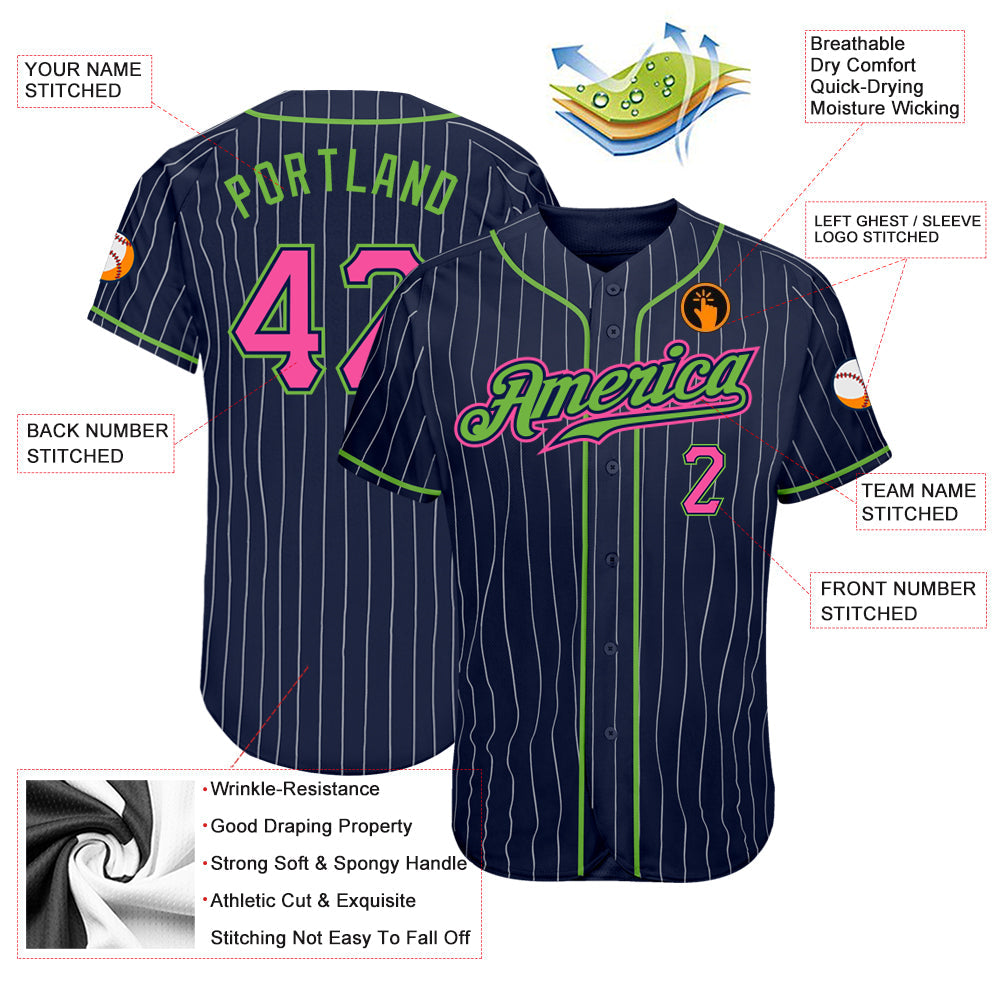 Custom Navy White Pinstripe Pink-Neon Green Authentic Baseball Jersey baseball jersey product view 3