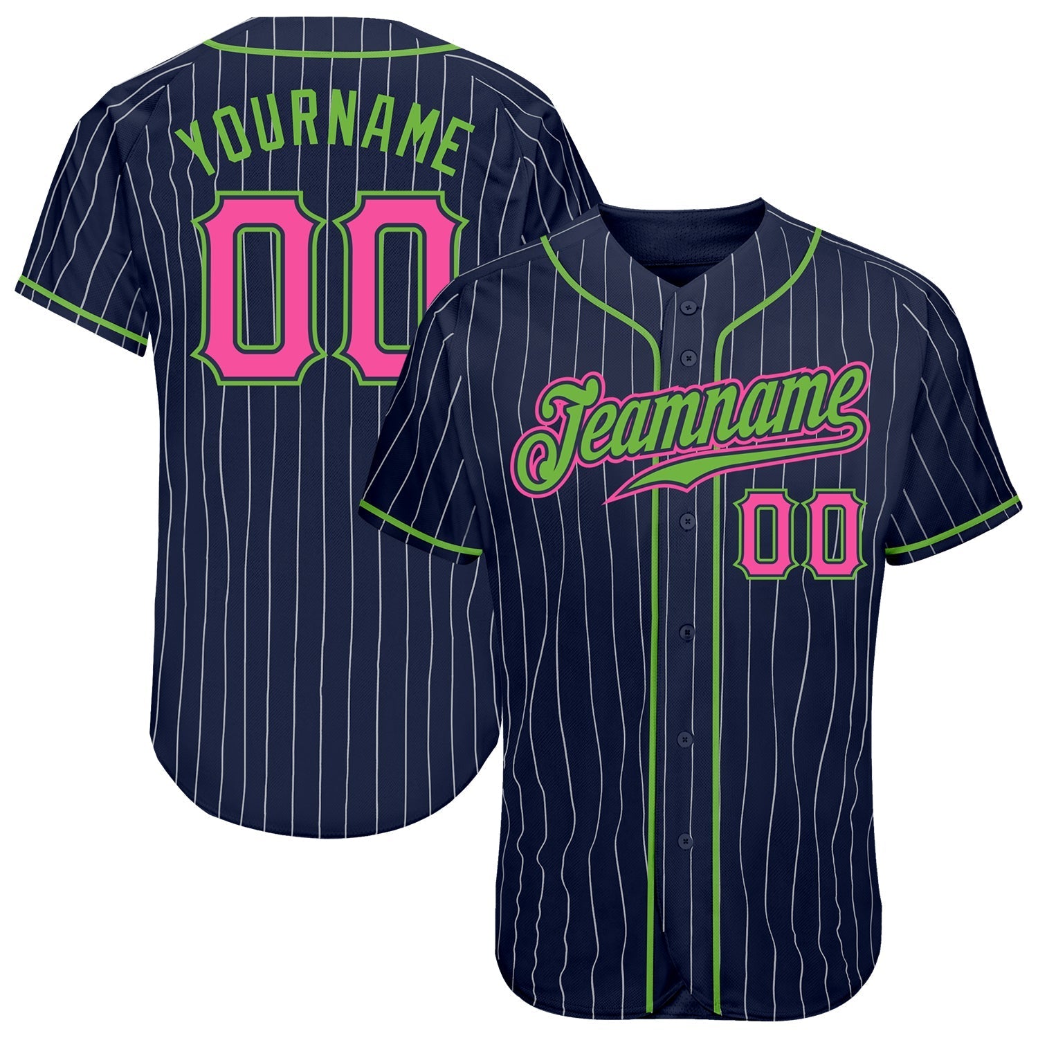 Custom Navy White Pinstripe Pink-Neon Green Authentic Baseball Jersey baseball jersey product view 1