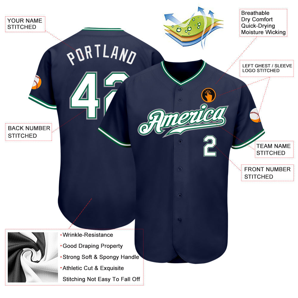 Custom Navy White-Kelly Green Authentic Baseball Jersey baseball jersey product view 3