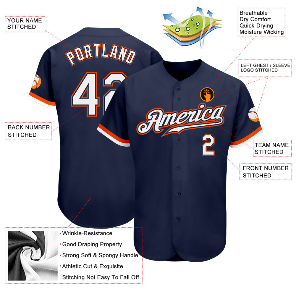 Custom Navy White-Orange Authentic Baseball Jersey baseball jersey product view 3