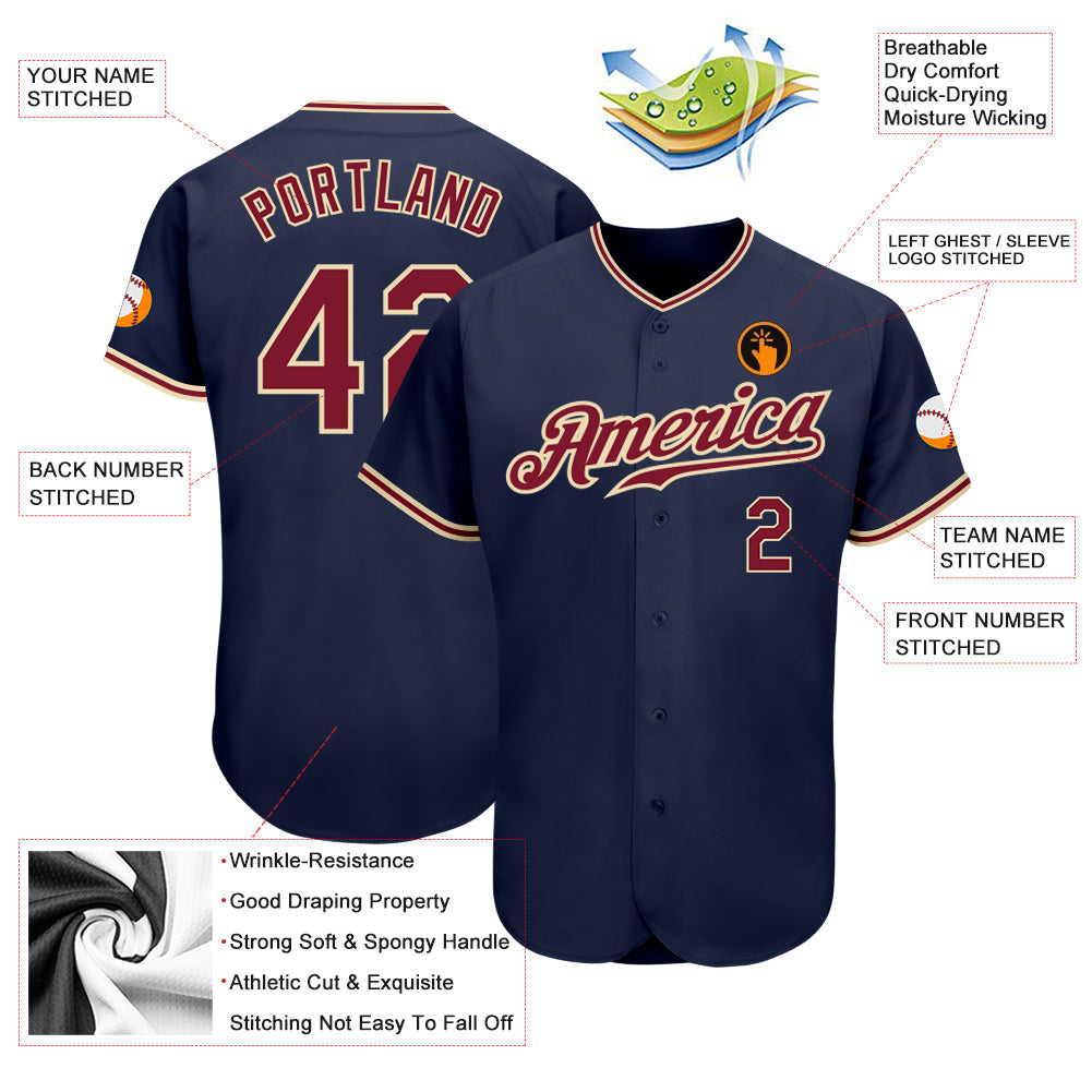 Custom Navy Crimson-City Cream Authentic Baseball Jersey baseball jersey product view 3