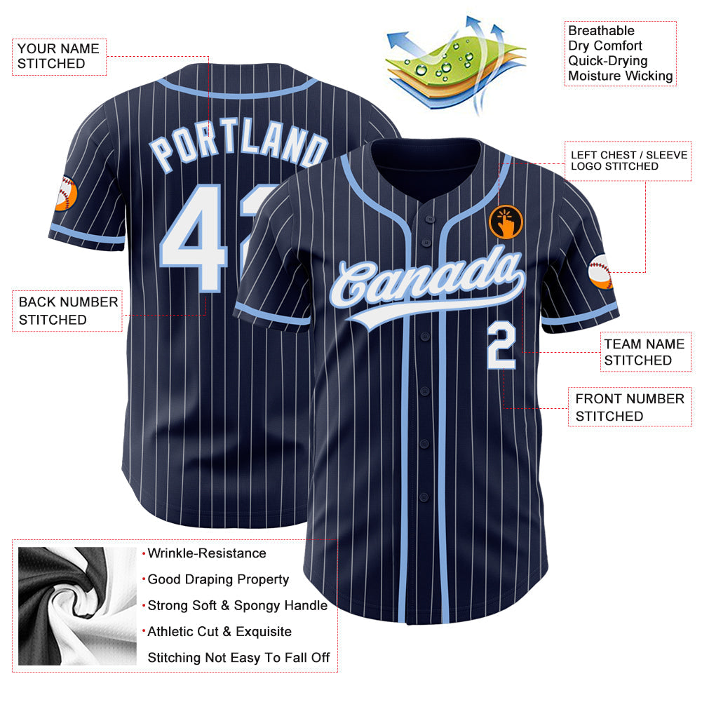 Custom Navy White Pinstripe White-Light Blue Authentic Baseball Jersey baseball jersey product view 3