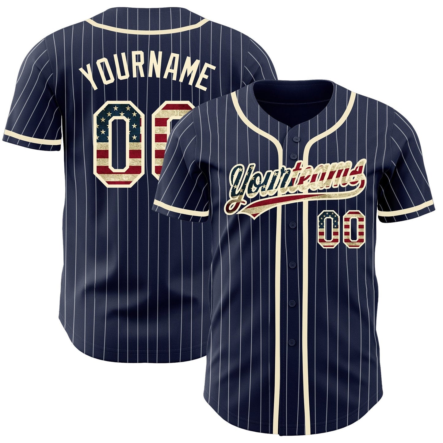 Custom Navy White Pinstripe Vintage USA Flag-Cream Authentic Baseball Jersey baseball jersey product view 1