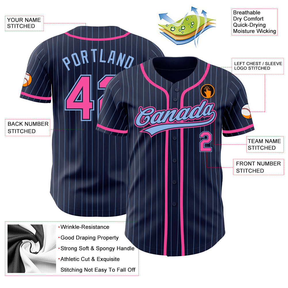 Custom Navy Light Blue Pinstripe Pink Authentic Baseball Jersey baseball jersey product view 4