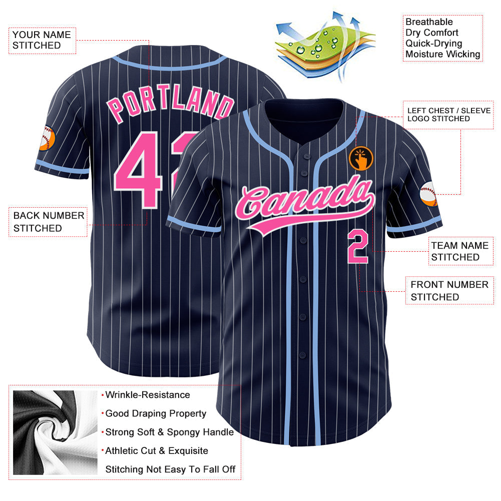 Custom Navy White Pinstripe Pink Authentic Baseball Jersey baseball jersey product view 3