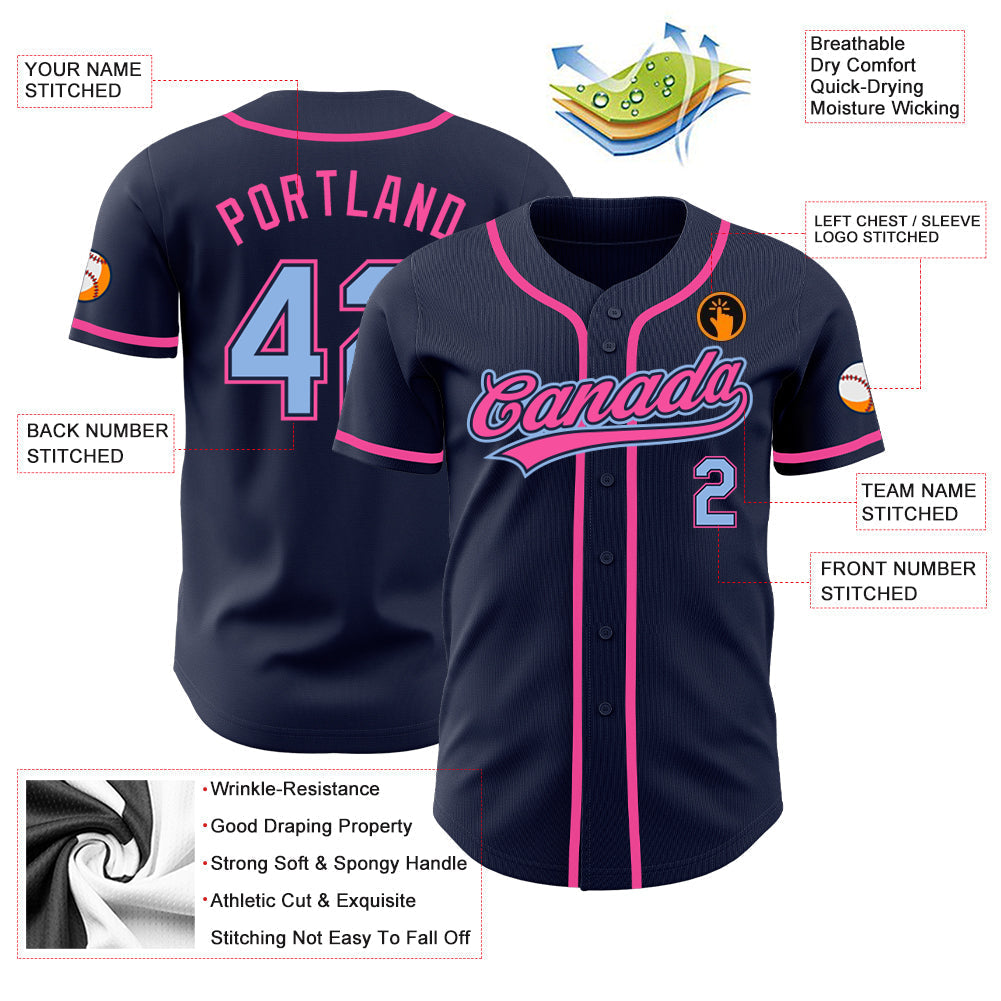 Custom Navy Light Blue-Pink Authentic Baseball Jersey baseball jersey product view 3