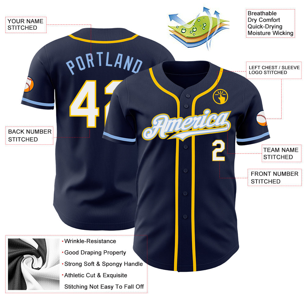 Custom Navy White Yellow-Light Blue Authentic Baseball Jersey baseball jersey product view 3