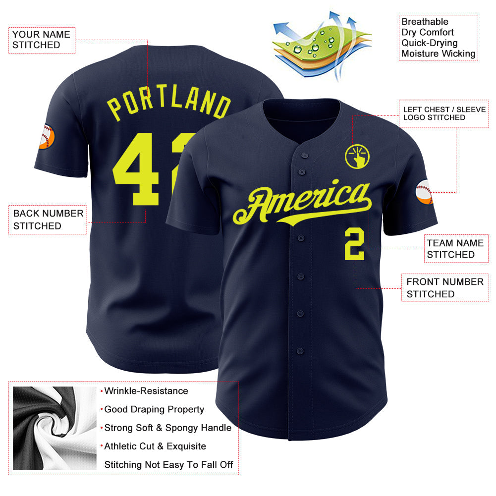 Custom Navy Neon Yellow Authentic Baseball Jersey baseball jersey product view 3