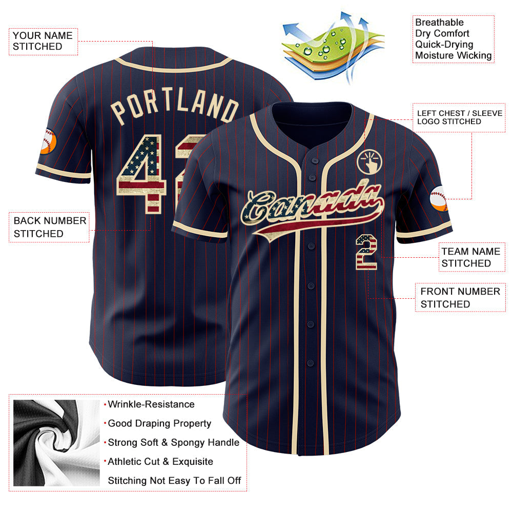 Custom Navy Red Pinstripe Vintage USA Flag-City Cream Authentic Baseball Jersey baseball jersey product view 3