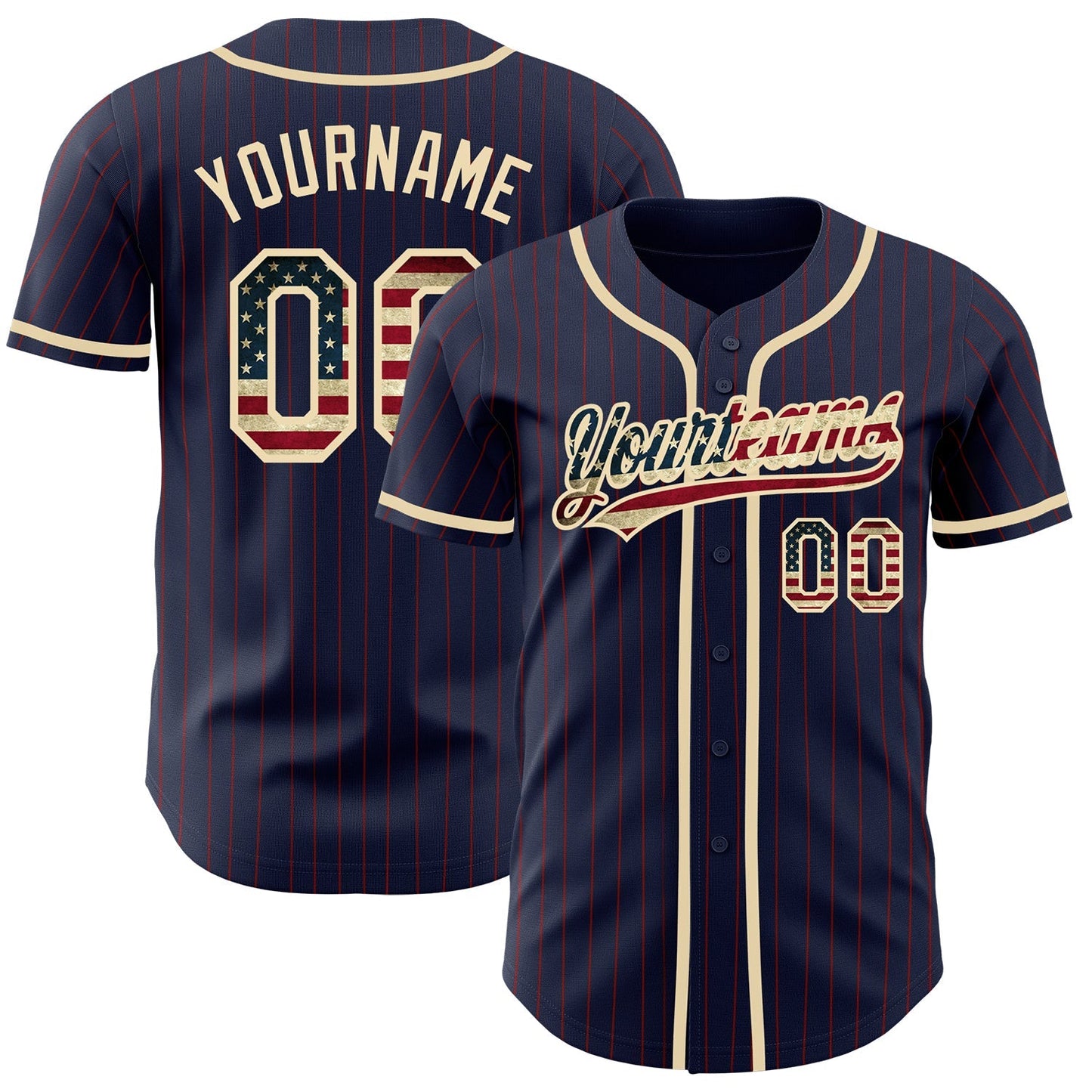 Custom Navy Red Pinstripe Vintage USA Flag-City Cream Authentic Baseball Jersey baseball jersey product view 1