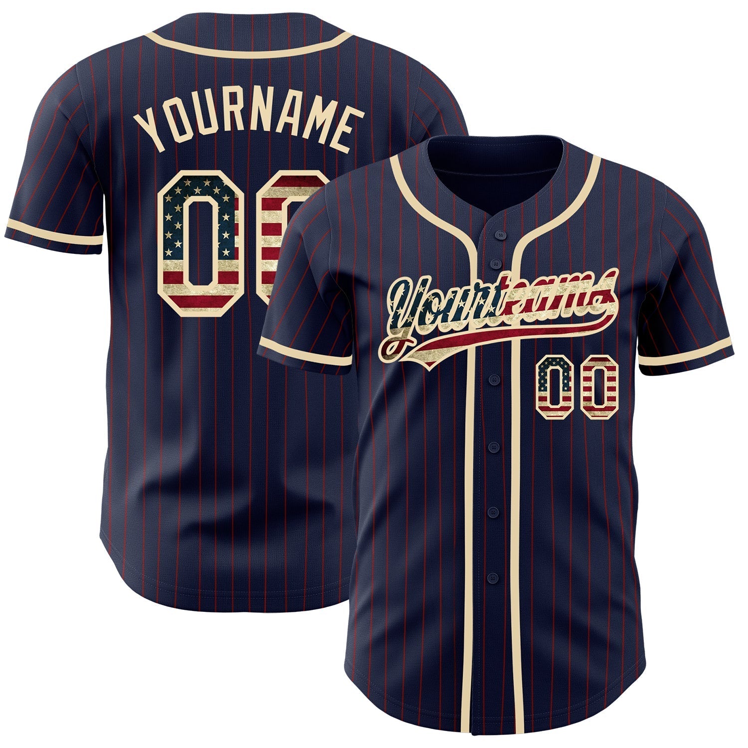 Custom Navy Red Pinstripe Vintage USA Flag-City Cream Authentic Baseball Jersey baseball jersey product view 1
