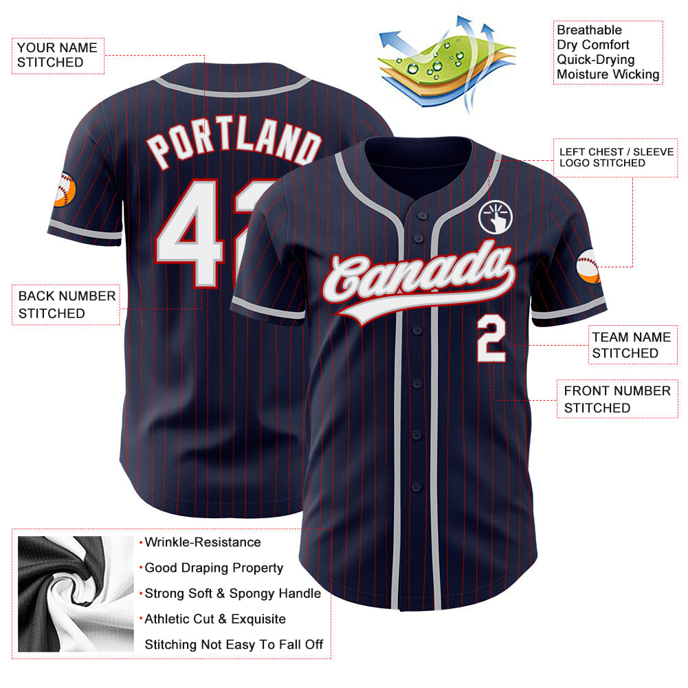 Custom Navy Red Pinstripe White-Gray Authentic Baseball Jersey baseball jersey product view 3